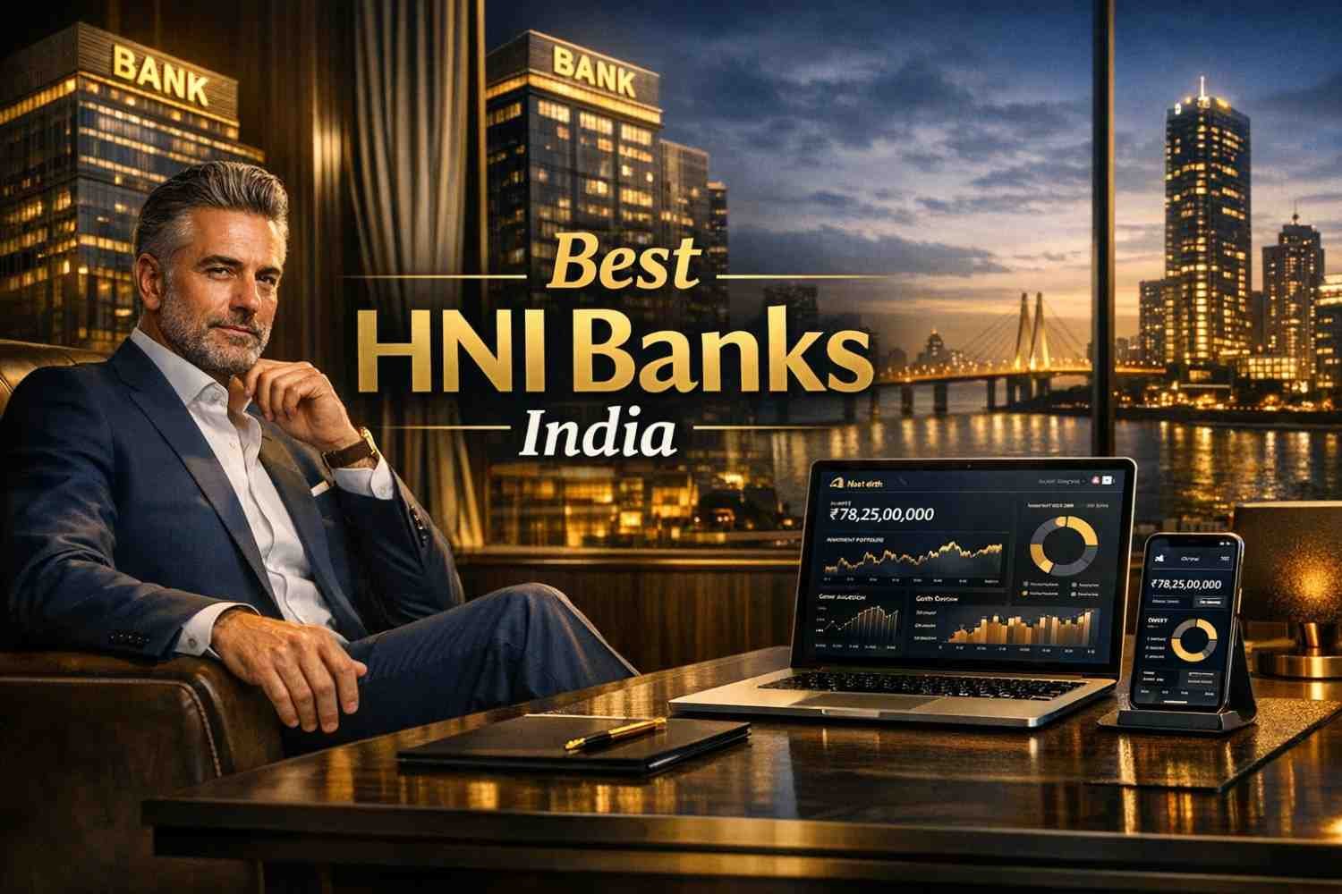 Luxury banking in India for high net worth individuals with skyline office and digital wealth dashboard