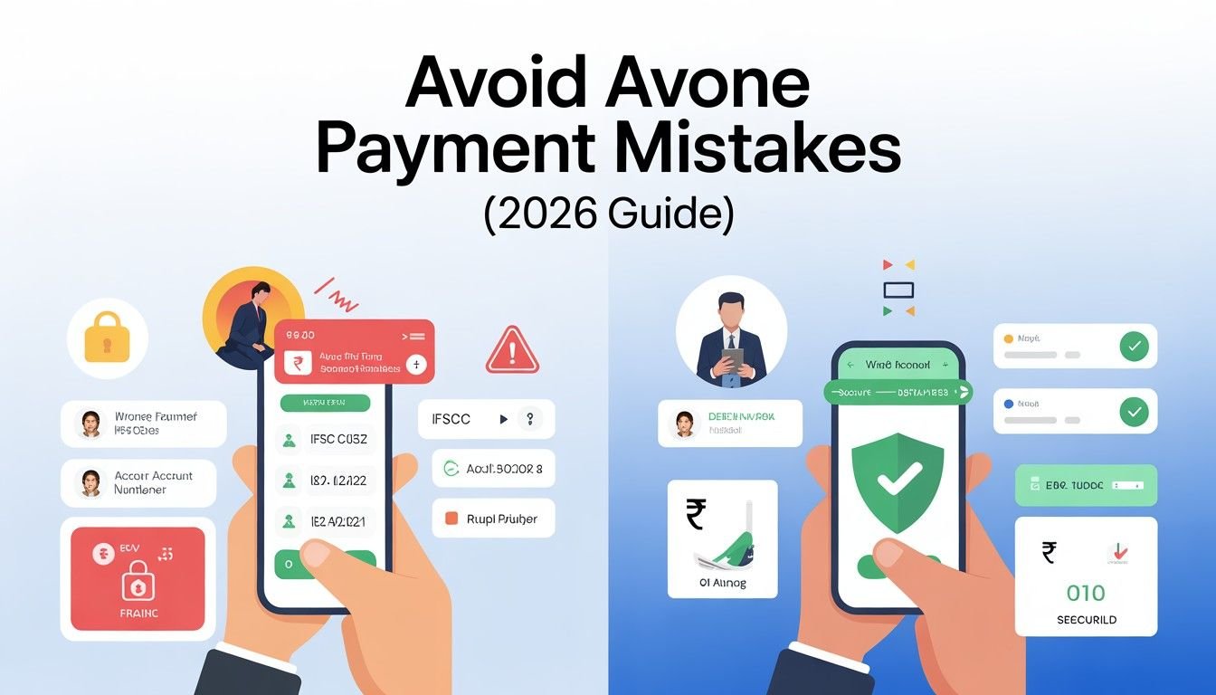 Avoid Online Payment Mistakes 2026 guide showing IFSC error, wrong account number and fraud prevention tips