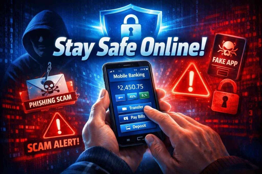 online banking safety tips showing phishing scam and fake app warning illustration