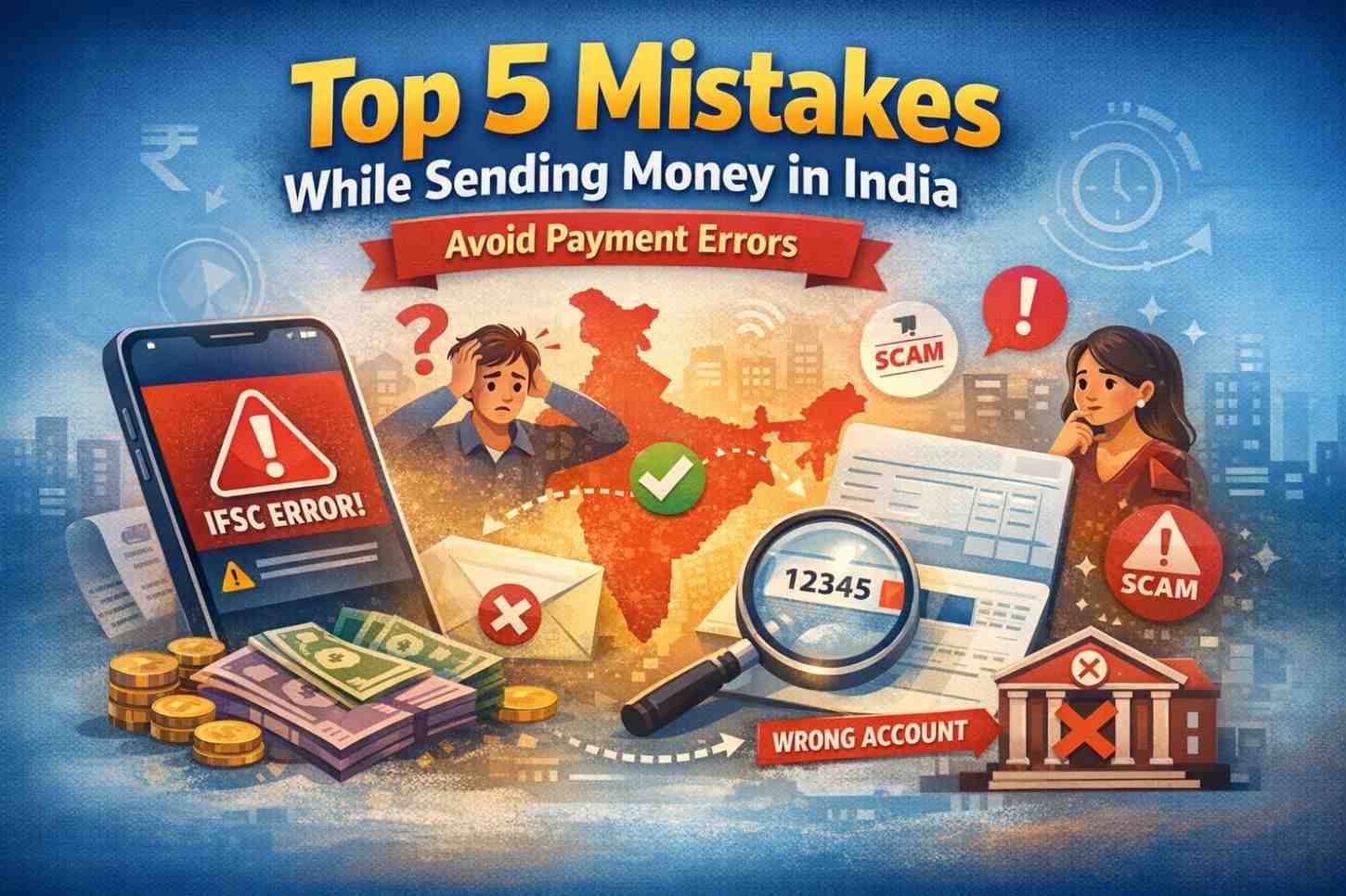 Top 5 mistakes while sending money in India including wrong IFSC code, wrong account number and bank branch mismatch causing payment errors