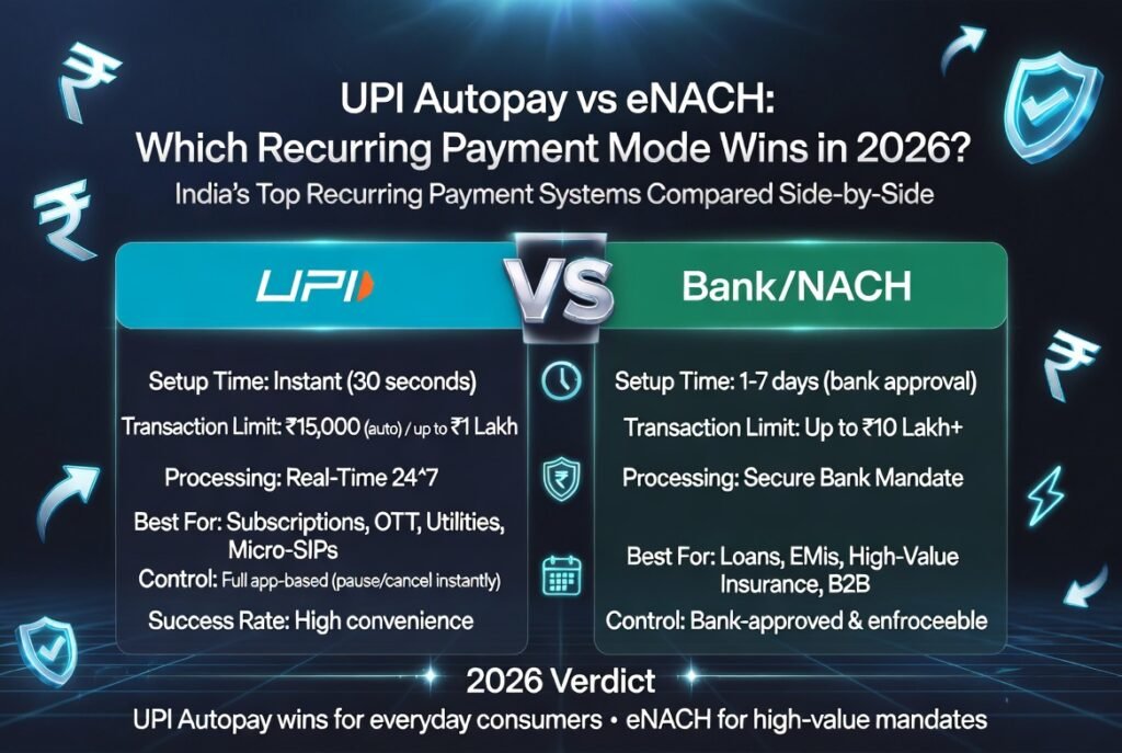 Comparison of UPI Autopay and eNACH recurring payment systems in India