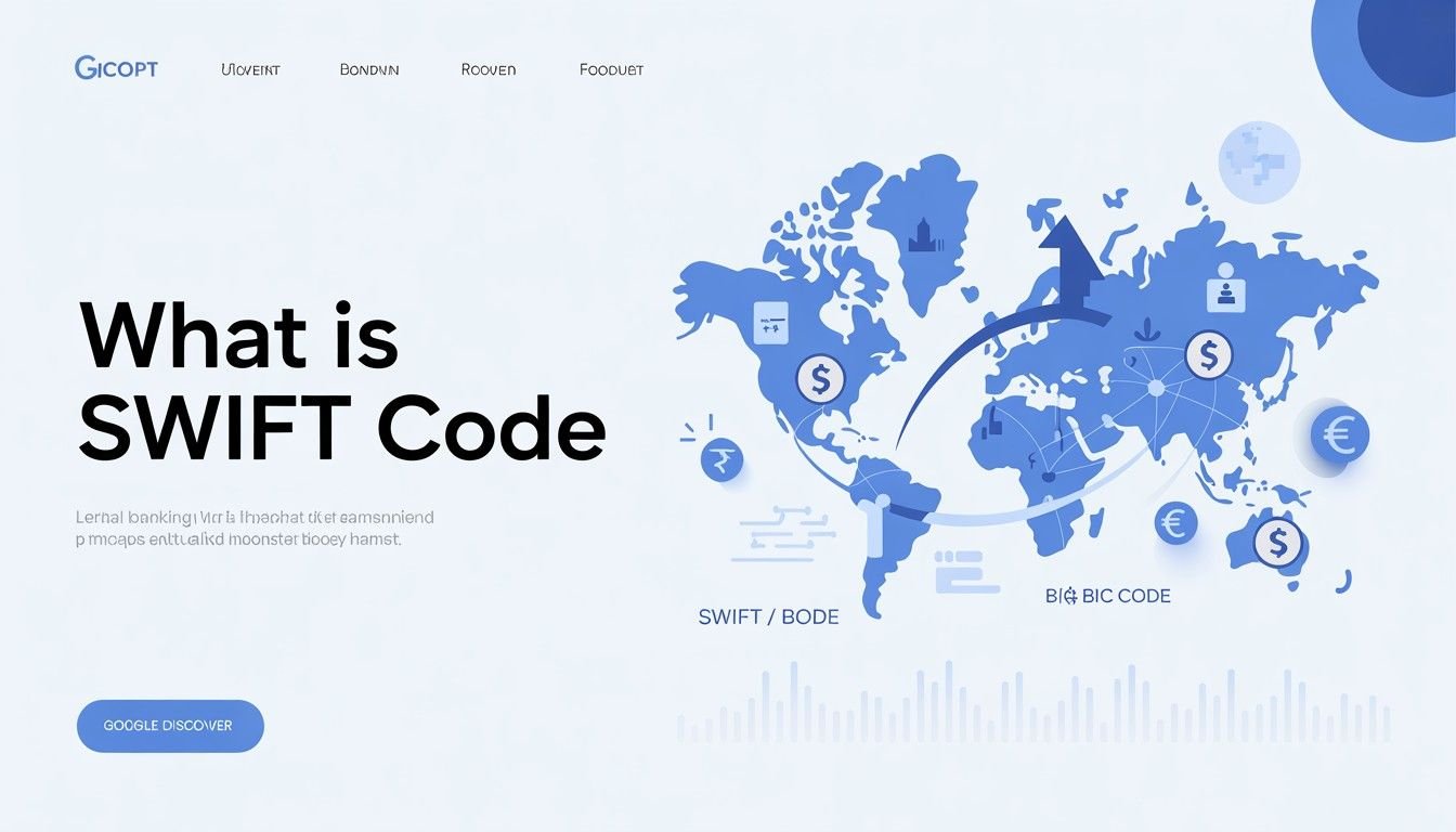 SWIFT code global banking illustration showing international money transfer and bank identification system