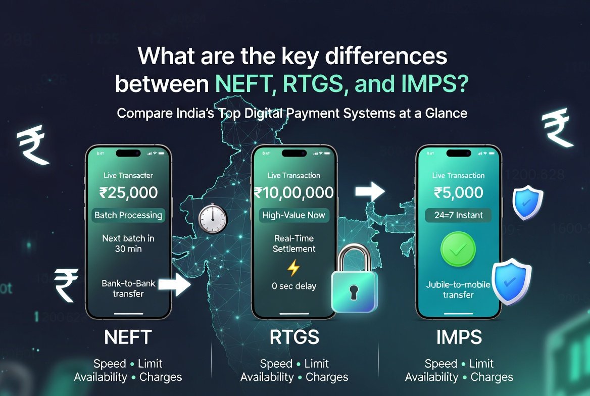 Comparison chart of NEFT, RTGS, and IMPS fund transfer systems in India
