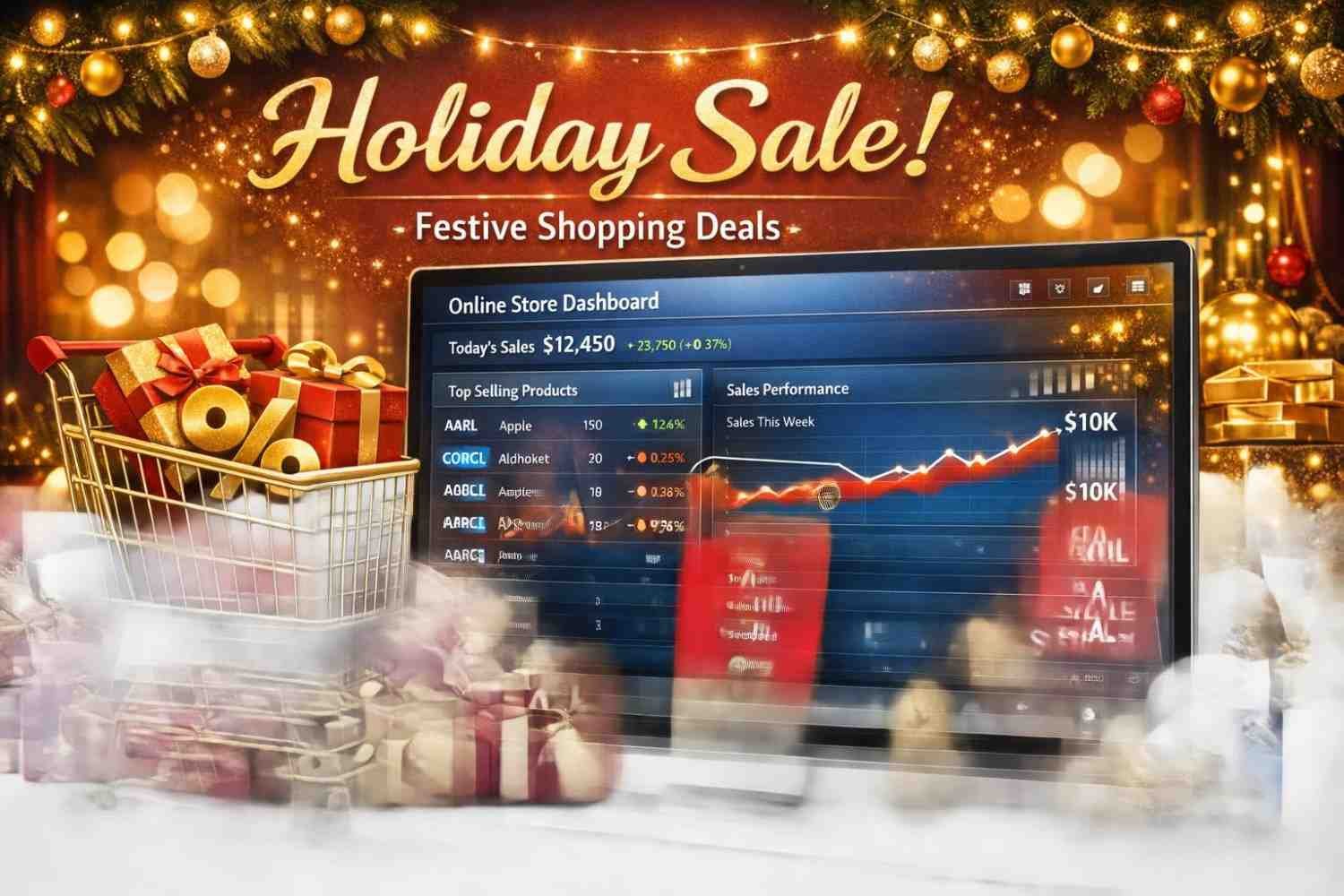 Festive eCommerce store ready for holiday sales with glowing lights, gift boxes, and digital shopping dashboard